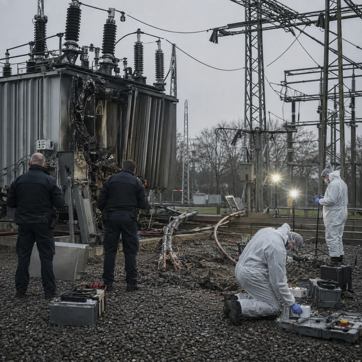 Una centrale elettrica tedesca con una rete di cavi che si estende in un paesaggio urbano.
