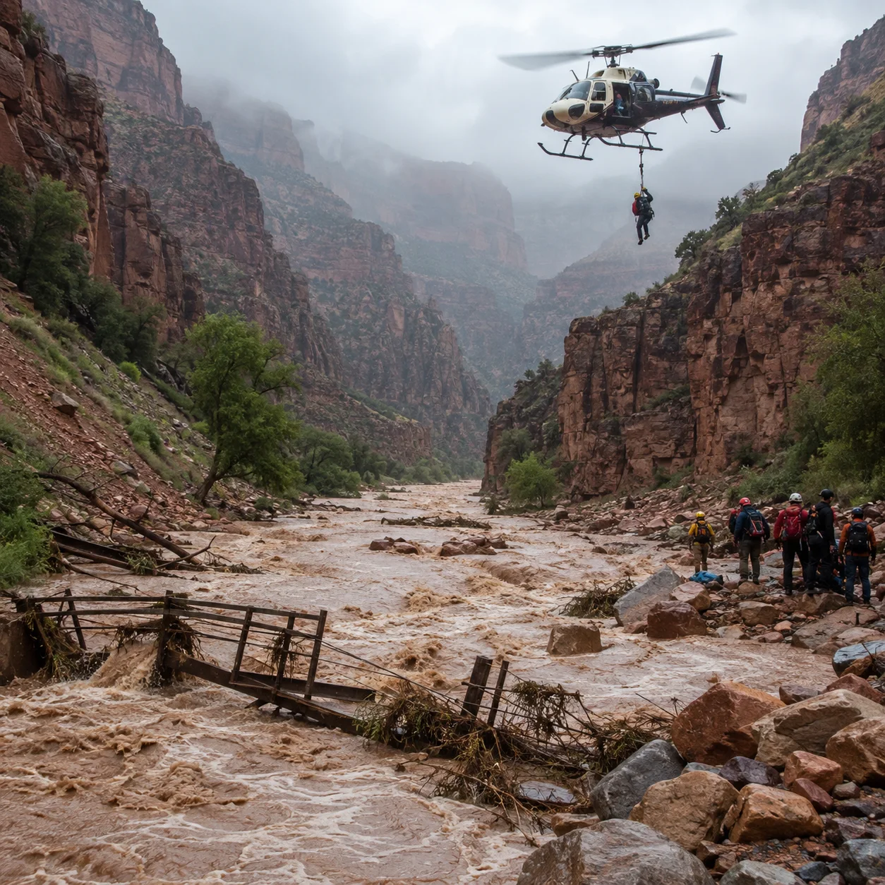 Editorial illustration about 🇺🇸 Grand Canyon — Devastante alluvione improvvisa: almeno 2 morti, quasi 80 persone salvate e un disperso.