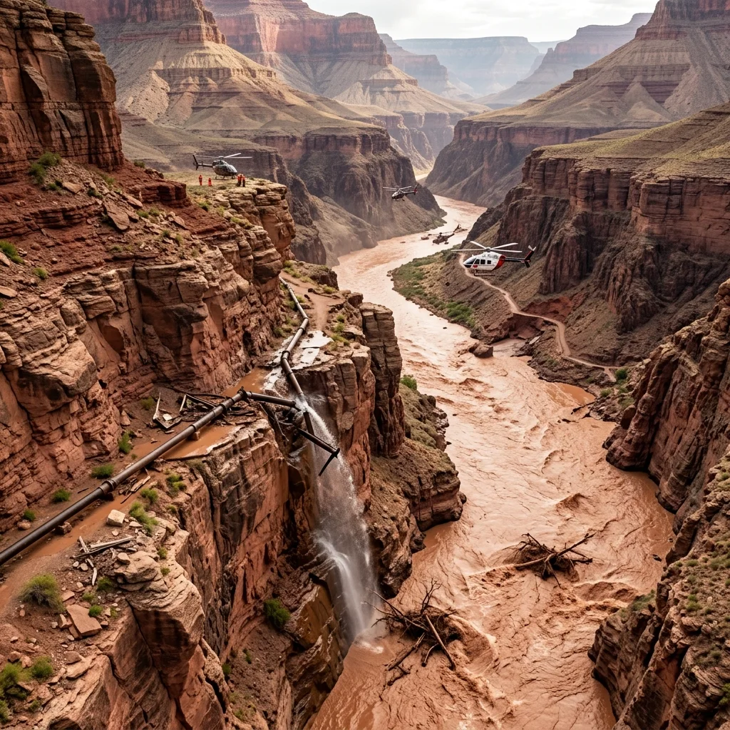 A flooded section of the Grand Canyon with debris scattered across it.