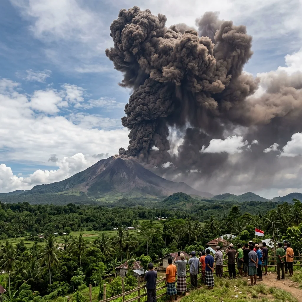 A wide view of Mount Sinabung erupting with a plume of grey ash high in the sky, showcasing its immense size and power. Focus on the dramatic volcanic landscape.