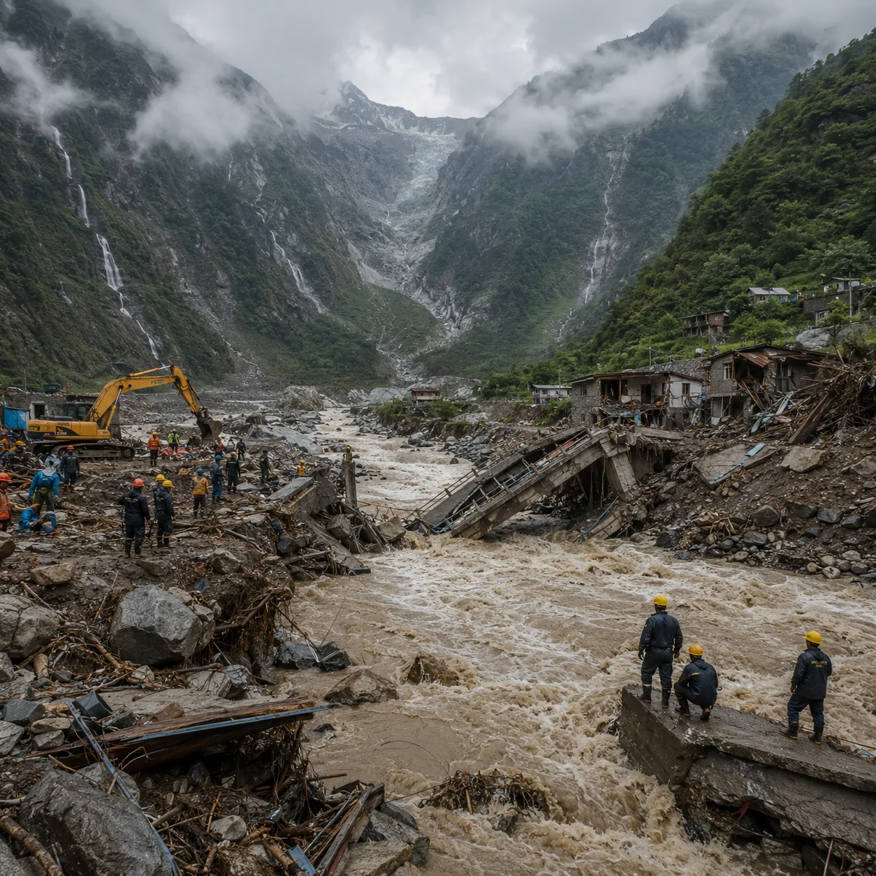 A devastated Himalayan valley after the flood, showing debris and flooded villages.